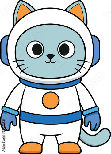 Cute Cartoon Cat Astronaut Standing Upright in a White Spacesuit with Blue and Orange Accents