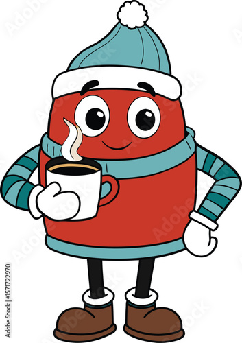 Cute Coffee Bean Character Wearing Winter Hat and Scarf Holding a Hot Cup of Coffee