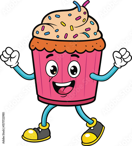 Cheerful Cupcake Cartoon Character with Sprinkles and a Pink Wrapper Celebrating with Arms Raised