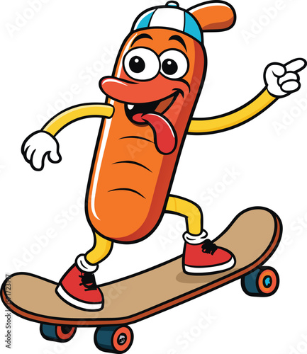 Cartoon Hot Dog Character Skateboarding with a Cap and Shoes Pointing with its Finger and Sticking out its Tongue