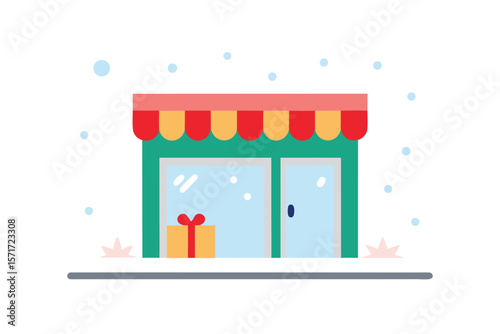 Toy Store Window With Holiday Decorations And Snowy Theme