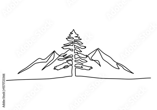Mountains and the tree, one line drawing vector illustration.