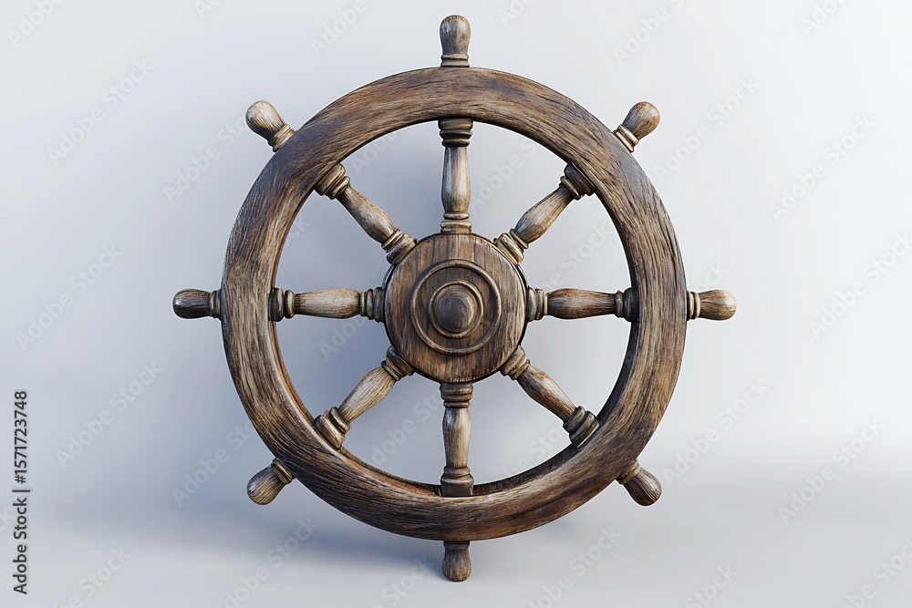 Obraz premium An aged wooden ship steering wheel presents eight handles against a white backdrop