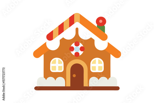 Cute Gingerbread House With Snow Icing And Candies