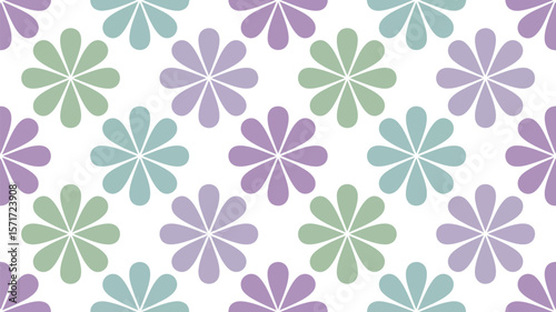 A repeating pattern of pastel colored flowers on a light background surface