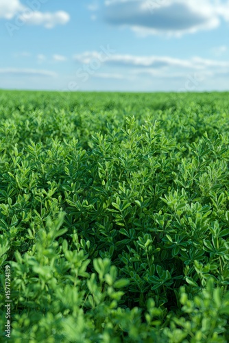 Green alfalfa field growing under a blue sky with clouds, representing sustainable agriculture and livestock feed