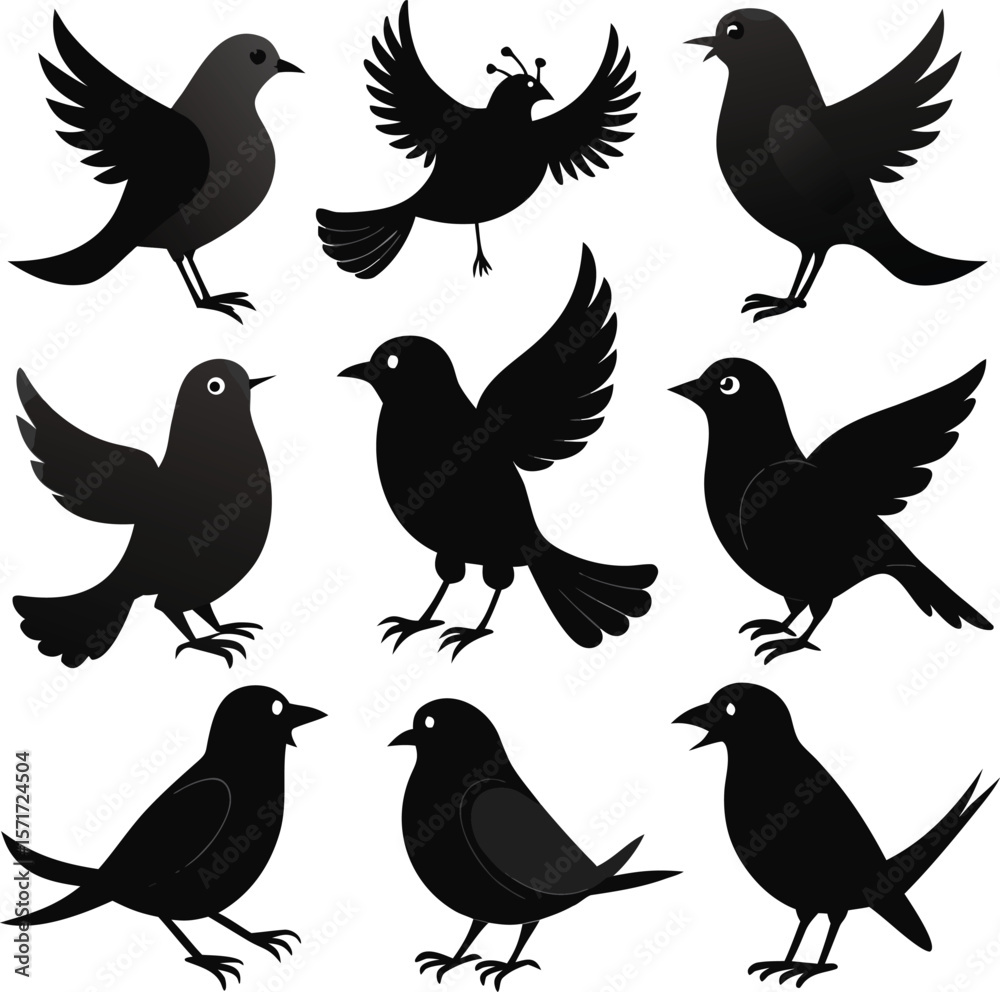 Obraz premium Birds silhouette bundle vector A collection of 12 black silhouettes in various poses, including jumping, standing, sitting. Each silhouette is clean and minimal,contrast, no details inside the shapes,