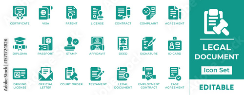 Legal Document Icon Set. Features editable icons for legal document symbols, contracts, agreements, certificates, licenses, and more.