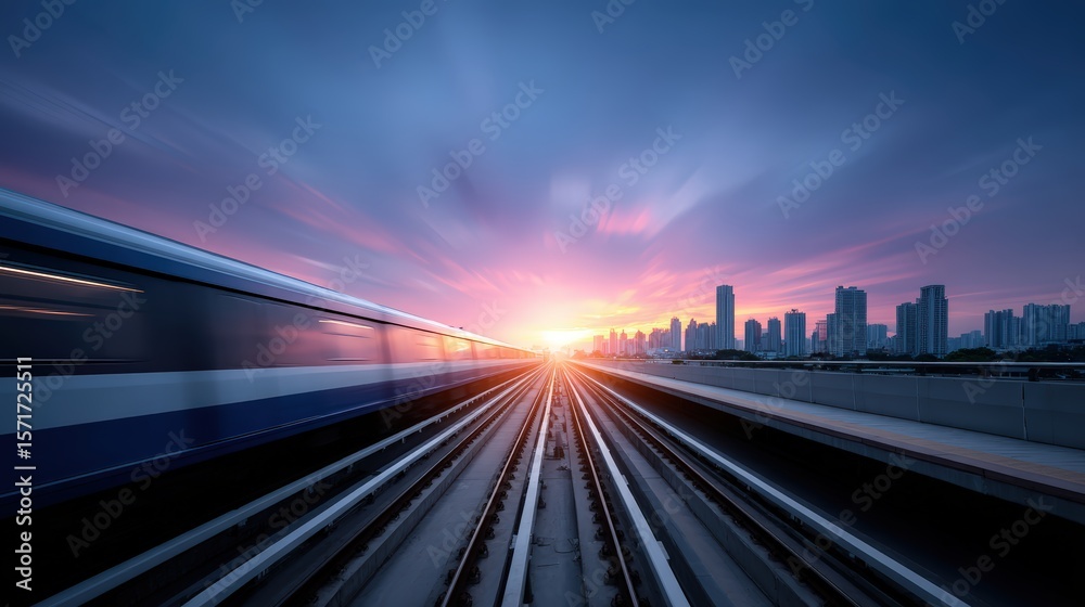 Fototapeta premium Dynamic sunset over city skyline with radiant sunlight, motion blurred train and converging railway tracks creating a vibrant urban landscape scene