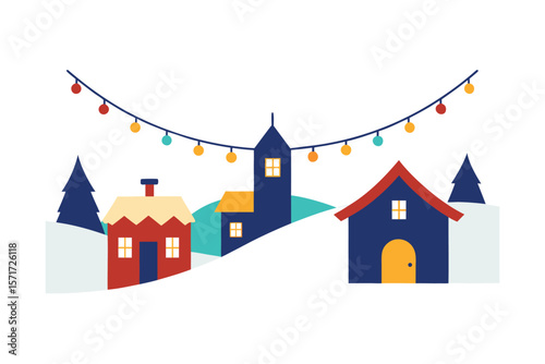 Village Street With Snowy Rooftops And Hanging Lights