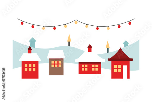 Village Street With Snowy Rooftops And Hanging Lights