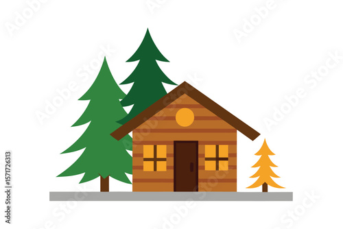 Rustic Cabin Interior With Decorated Pine Tree And Fireplace