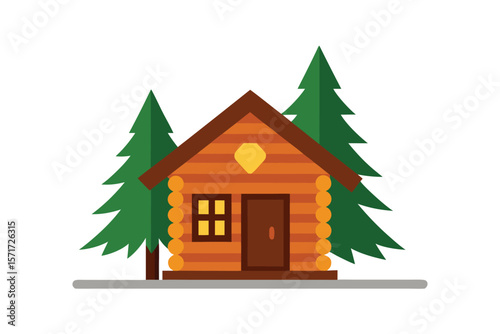 Rustic Cabin Interior With Decorated Pine Tree And Fireplace