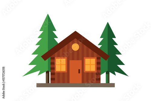 Rustic Cabin Interior With Decorated Pine Tree And Fireplace