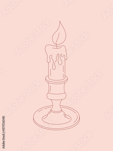 Minimalistic pink line art of a burning candle in a holder. Elegant and cozy decor element for romantic, holiday, or vintage-style designs.

