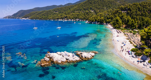 Fototapeta Naklejka Na Ścianę i Meble -  Greece summer destinations. Milia one of the most beautiful beaches in Skopelos island, Sporades. high angle drone view of crystal turquoise sea with white pebbles and pine trees