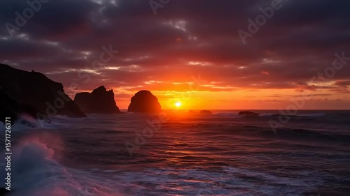 Dramatic sunset over turbulent ocean waves and rocky coast