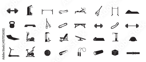 Gym Fitness Equipment Vector Icon Set Featuring Workout and Training Equipment in Black Silhouette Design, Isolated gym equipment symbols collection. Gym equipment icons pack