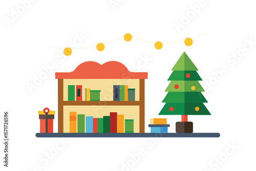 Holiday Themed Library Room With Christmas Decoration Details