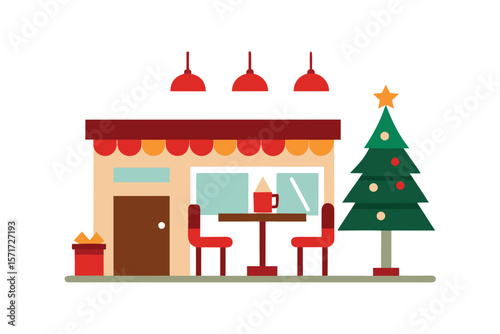 Christmas Themed Cafe Interior With Warm Lighting