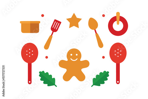 Christmas Kitchen With Gingerbread Cookies And Baking Tools