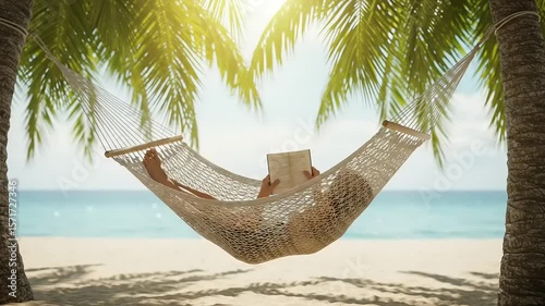 Person relaxing in a hammock by the beach.