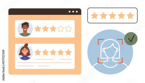 User profile list with star ratings next to human face recognition scan and tick mark. Ideal for customer feedback, online ratings, quality control, digital profiles, validation system, user