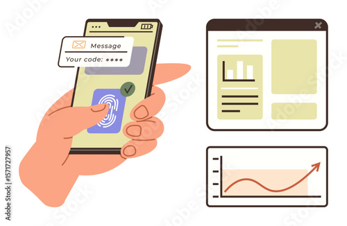 Finger pressing fingerprint scanner on phone for secure login. Code message, data dashboard, and chart visible. Ideal for security, technology, finance, business, analytics mobile apps