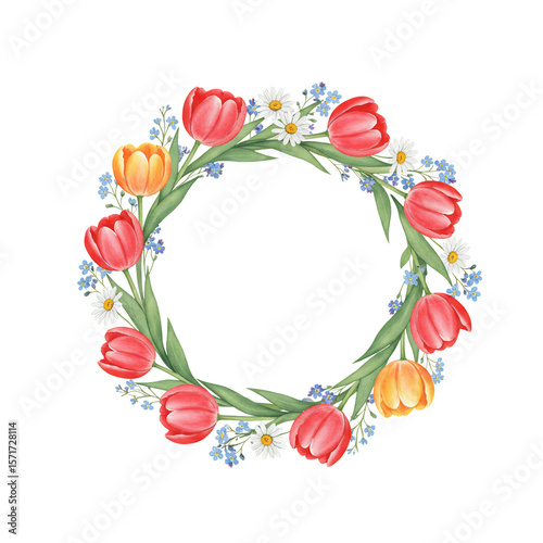 Vibrant Spring Floral Wreath Watercolor Tulips, Daisies, and Forget-Me-Nots