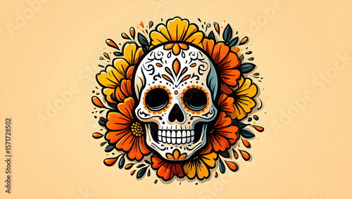 Vibrant Sugar Skull: A captivating artistic rendering of a sugar skull, adorned with intricate designs and set against a backdrop of beautiful floral elements.