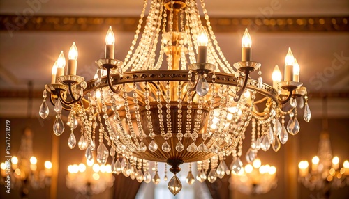 Ornate chandelier, warm lighting, crystal details