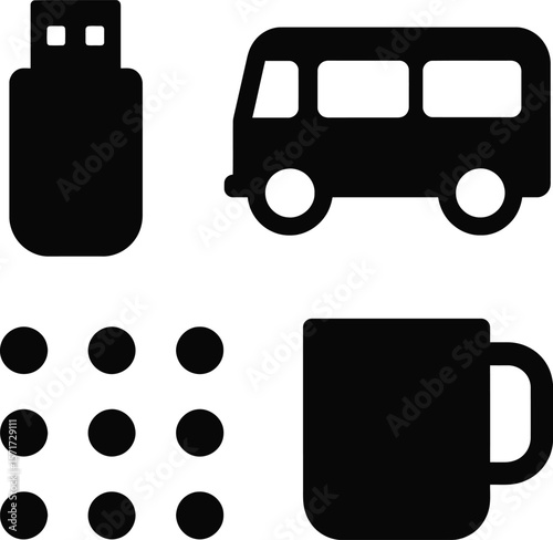 Collection of simple black icons including a usb drive bus grid of dots and a coffee mug