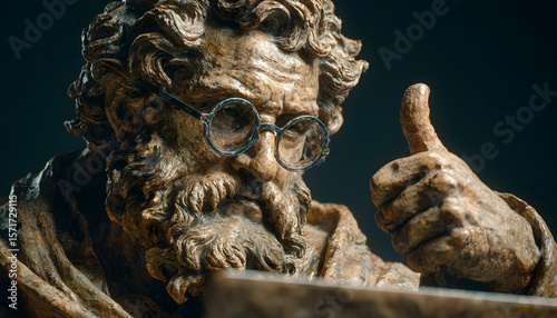 Ancient Greek philosopher statue wears glasses, uses laptop. Giving thumb up. Symbolizing tech integration. Historical, modern blend. Reflecting education, innovation, digital age.