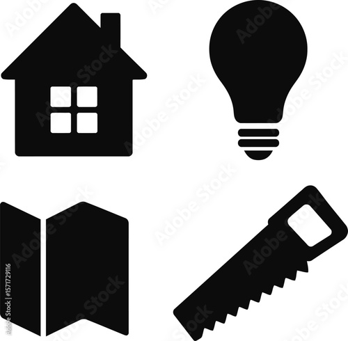 Four simple black icons representing home lightbulb document and saw on a white background