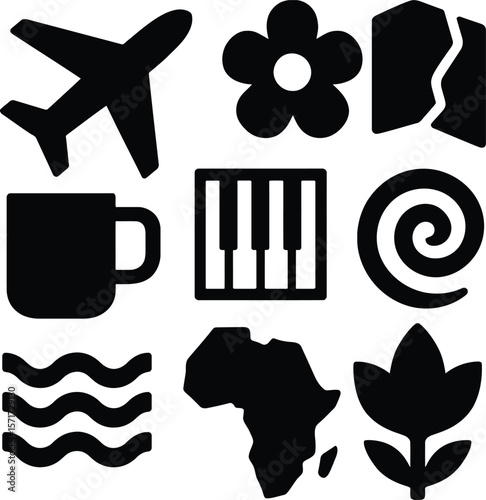 Collection of nine diverse black silhouette icons representing travel nature music and abstract concepts