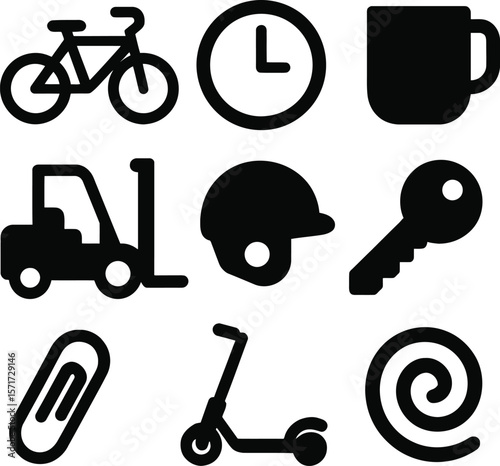 Collection of nine simple black silhouette icons representing common objects and activities