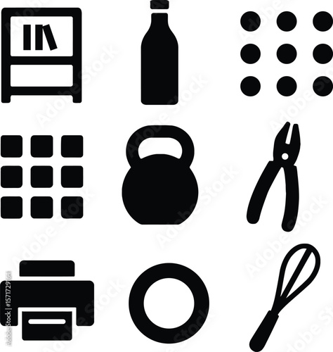 Collection of nine distinct black silhouette icons representing everyday objects and tools on a white background