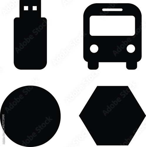 Collection of simple black icons featuring a usb drive bus circle and hexagon