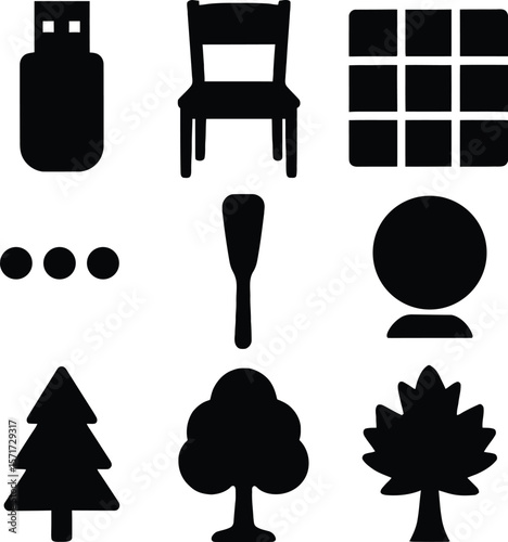 Collection of nine distinct black silhouette icons on a white background including technology and nature elements