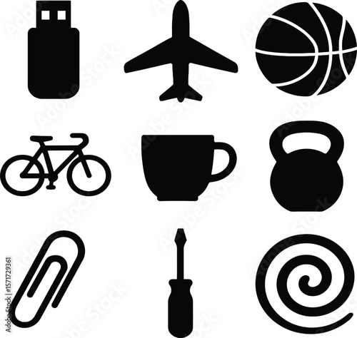 Collection of nine black silhouette icons representing everyday objects and activities on a white background