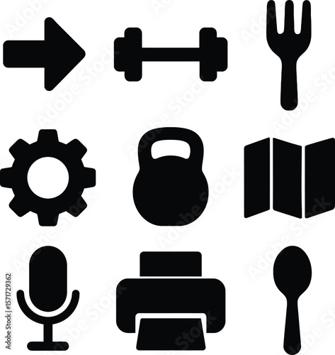 Collection of nine black silhouette icons representing common objects and actions on a white background