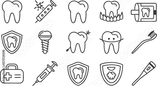 Dental icon set in vector illustration style featuring symbols related to teeth and oral care