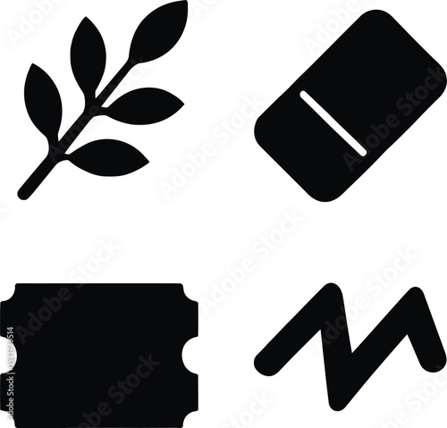 Collection of four simple black icons representing a branch eraser ticket and abstract shape