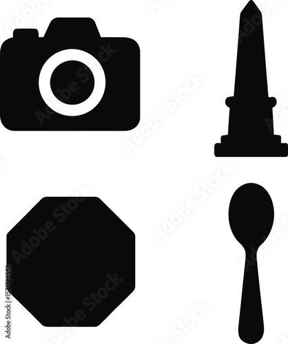 Collection of four distinct black silhouette icons including a camera obelisk octagon and spoon