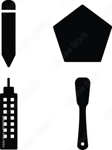 Collection of four distinct black silhouette icons including a pencil pentagon skyscraper and spatula
