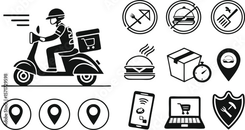 Food Delivery and Online Ordering Icons – Scooter Rider, Location Pins, Fast Shipping Symbols Vector Set