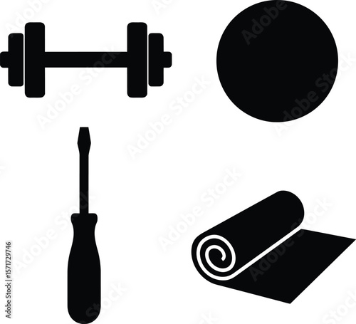 Collection of black silhouette icons representing fitness equipment a tool and a rolled mat