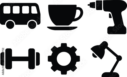 Collection of common objects represented as simple black icons on a white background