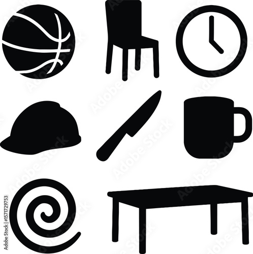Collection of black silhouettes of common objects including a basketball chair clock hat knife mug swirl and table