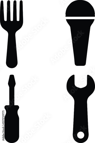 Collection of four black silhouettes fork microphone screwdriver and wrench on white background